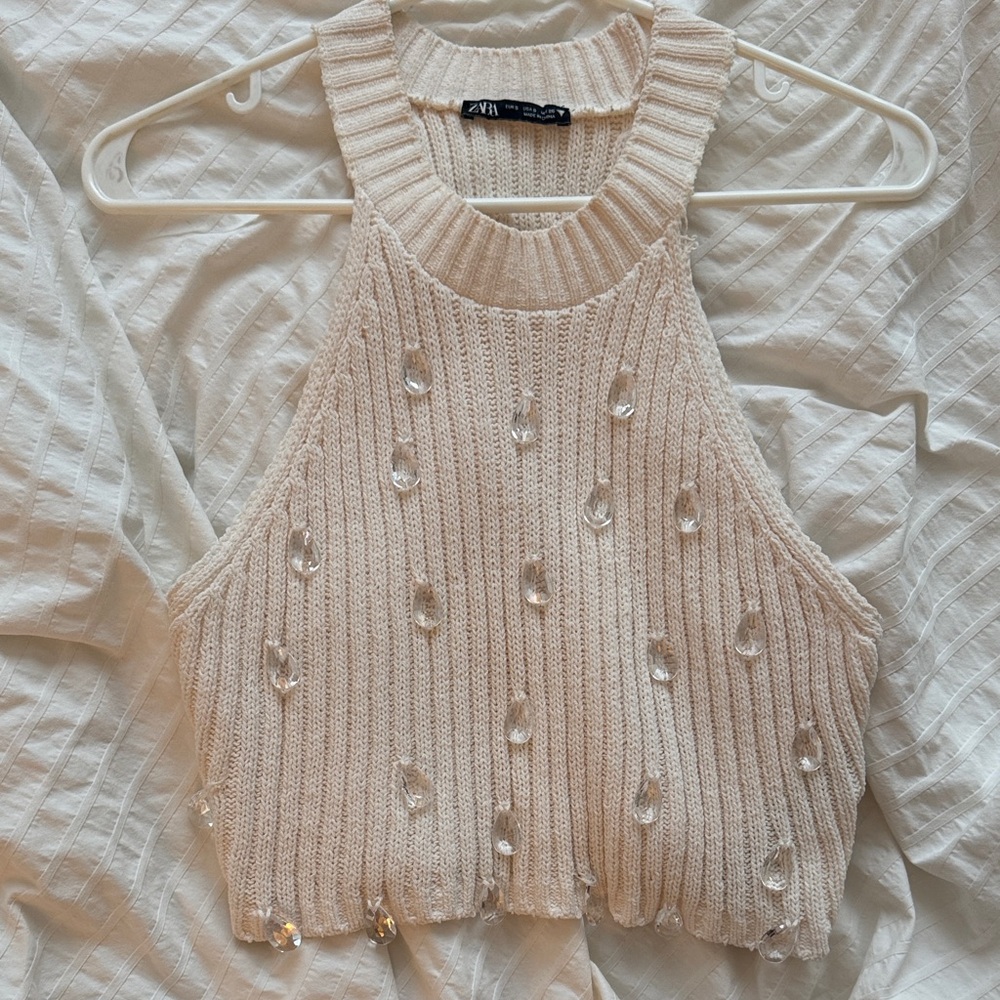 Zara Beige Knit Halter Top with Beads